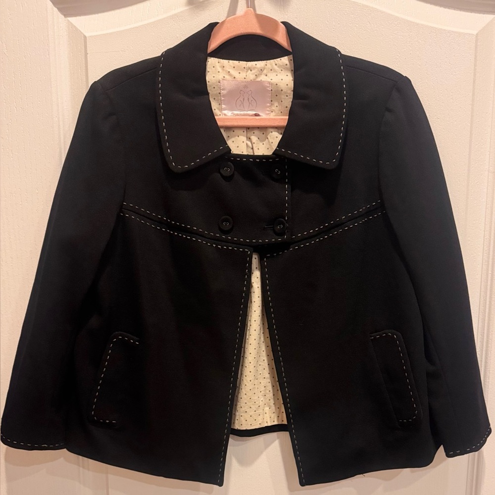 REBECCA TAYLOR Capelet Jacket Black With Tan Topstitching Accents Size 10